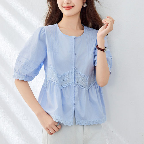 夏季法式刺绣蕾丝纯棉短袖女衬衫