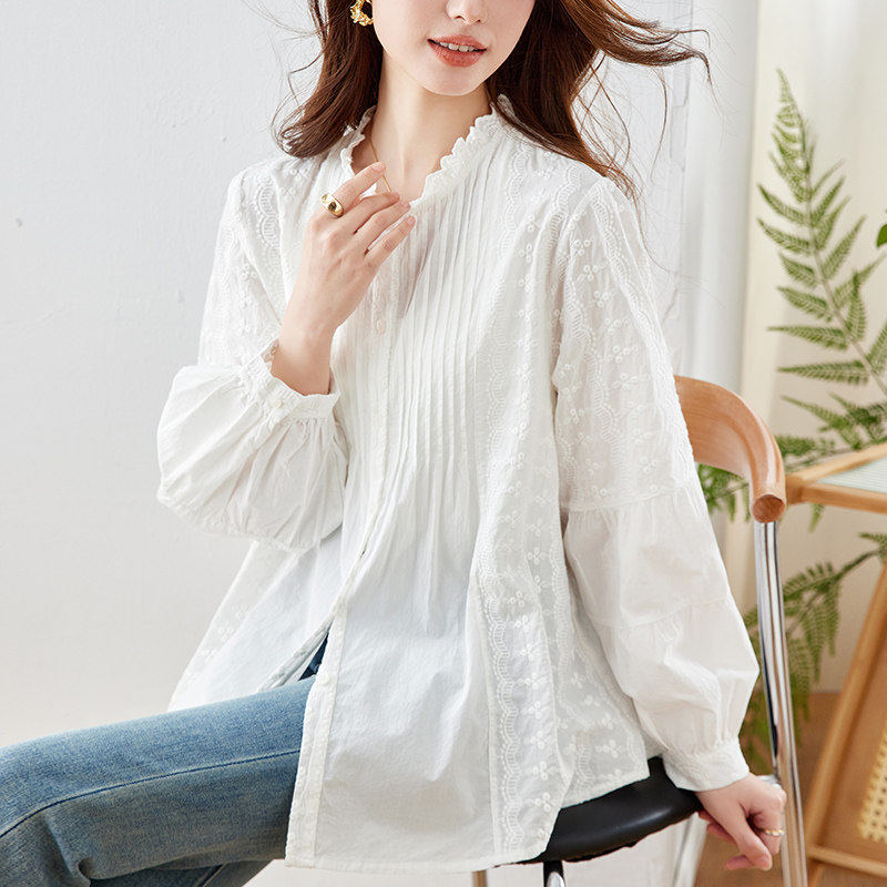 绣花长袖白衬衫女装2026新款春装设计感风琴褶宽松上衣木耳领衬衣
