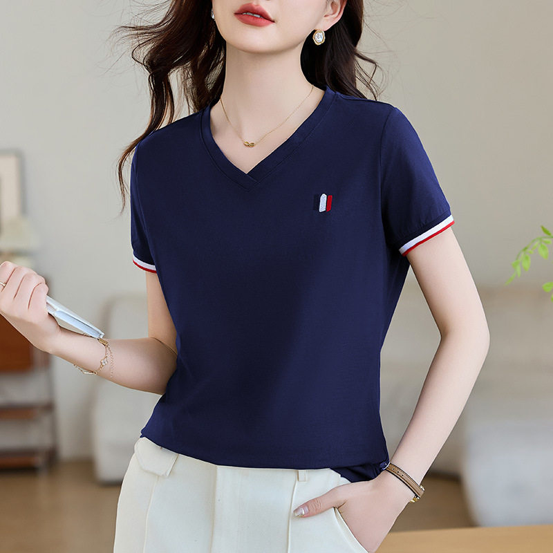 纯色v领短袖t恤女2026夏季新款爆款修身显瘦女装正肩半袖洋气上衣