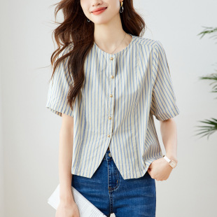 条纹短袖衬衫女2025夏季新款小个子复古宽松衬衣圆领百搭通勤上衣