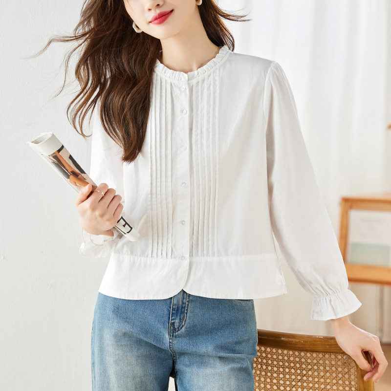 纯棉白色衬衫女2026年春季新款风琴褶设计感宽松上衣时尚洋气衬衣