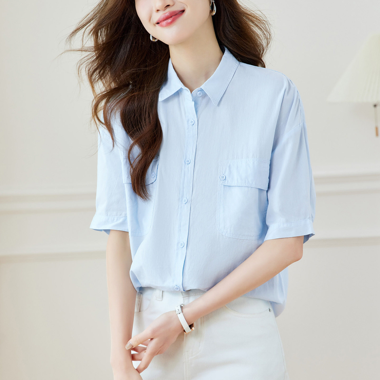 翻领短袖衬衫女装2026新款夏季韩版通勤时尚宽松休闲上衣纯棉衬衣