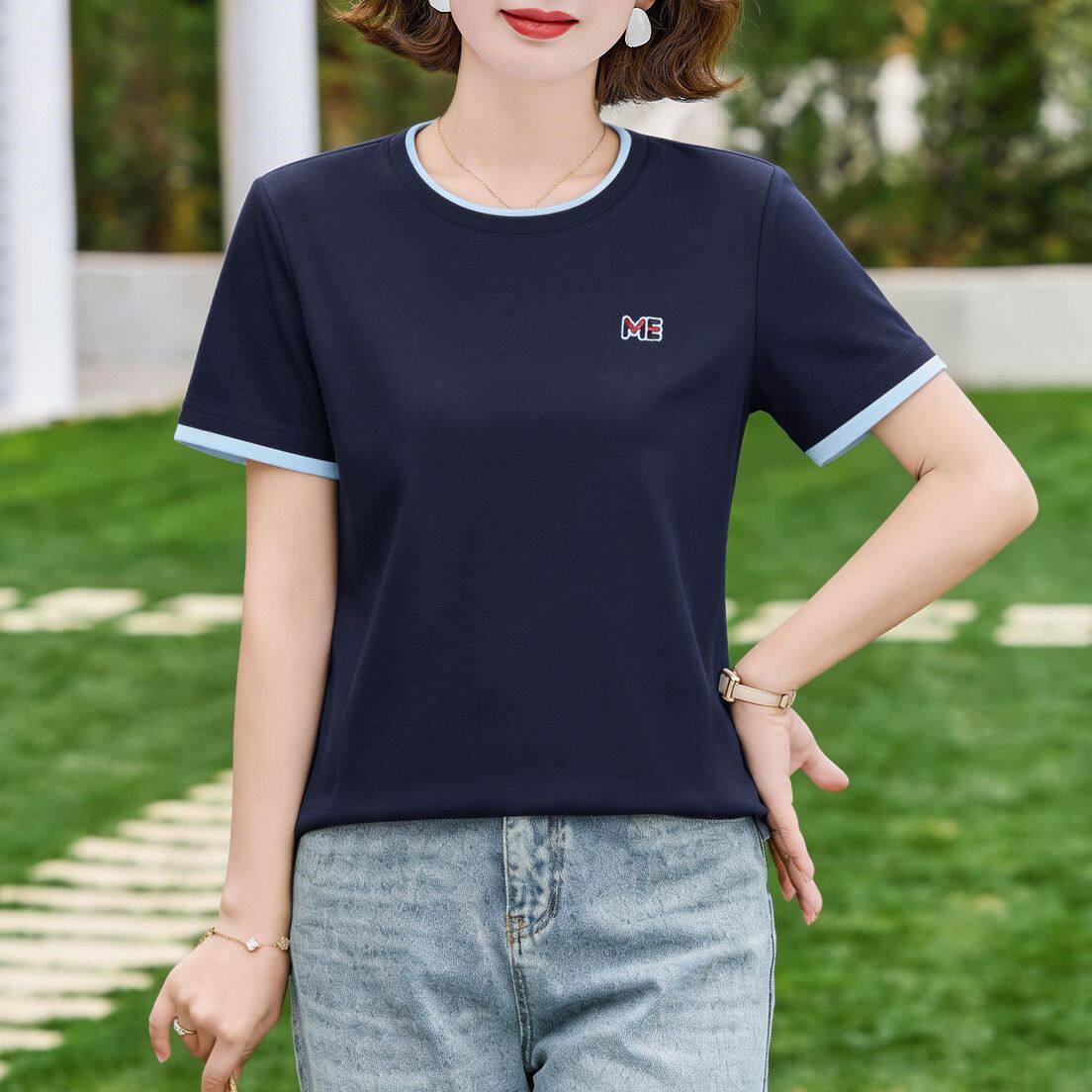 正肩短袖t恤女2026新款夏季爆款高端女装时尚宽松上衣刺绣体恤衫