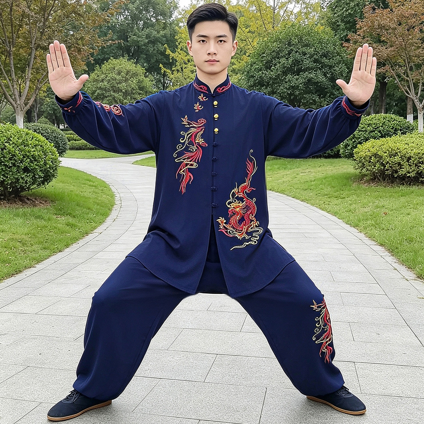 恋太极新款男士龙纹刺绣太极服藏蓝色八段锦表演服晨练武术练功服