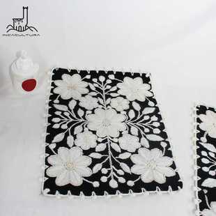 PERU秘鲁进口羊驼毛纯手工刺绣立体花朵餐桌垫餐巾布艺小方垫