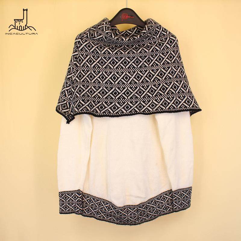 秘鲁进口女款毛衣套头带披肩一体羊驼毛冬季保暖复古女款