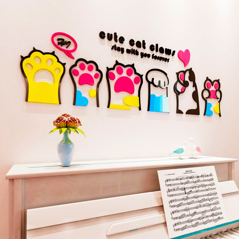 可爱猫爪卡通3d立体自粘墙贴电视沙发背景墙儿童房卧室床头装饰品