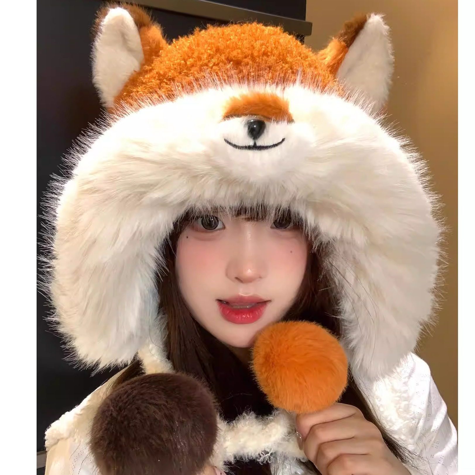 可爱狐狸耳朵毛绒绒帽子女冬季加绒加厚保暖显脸小防寒护耳雷锋帽