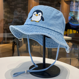 可爱小企鹅水洗牛仔渔夫帽女生大头围大帽檐防晒遮阳帽子蓝色盆帽