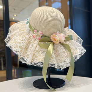 法式蕾丝草帽女夏季海边度假沙滩遮阳防晒帽户外大帽檐草编太阳帽