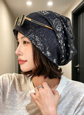 复古印花堆堆帽秋季帽子女款薄款透气显脸小包头帽大头围套头冷帽