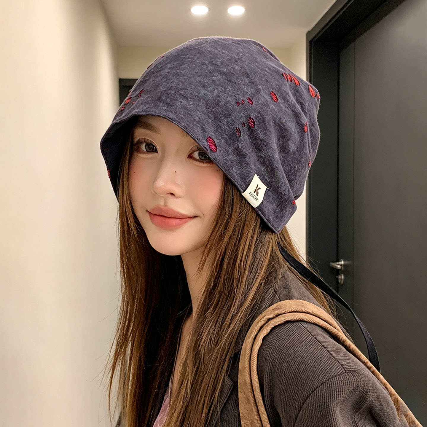 复古破洞系带堆堆帽秋季帽子女款套头帽宽松百搭显脸小包头帽冷帽