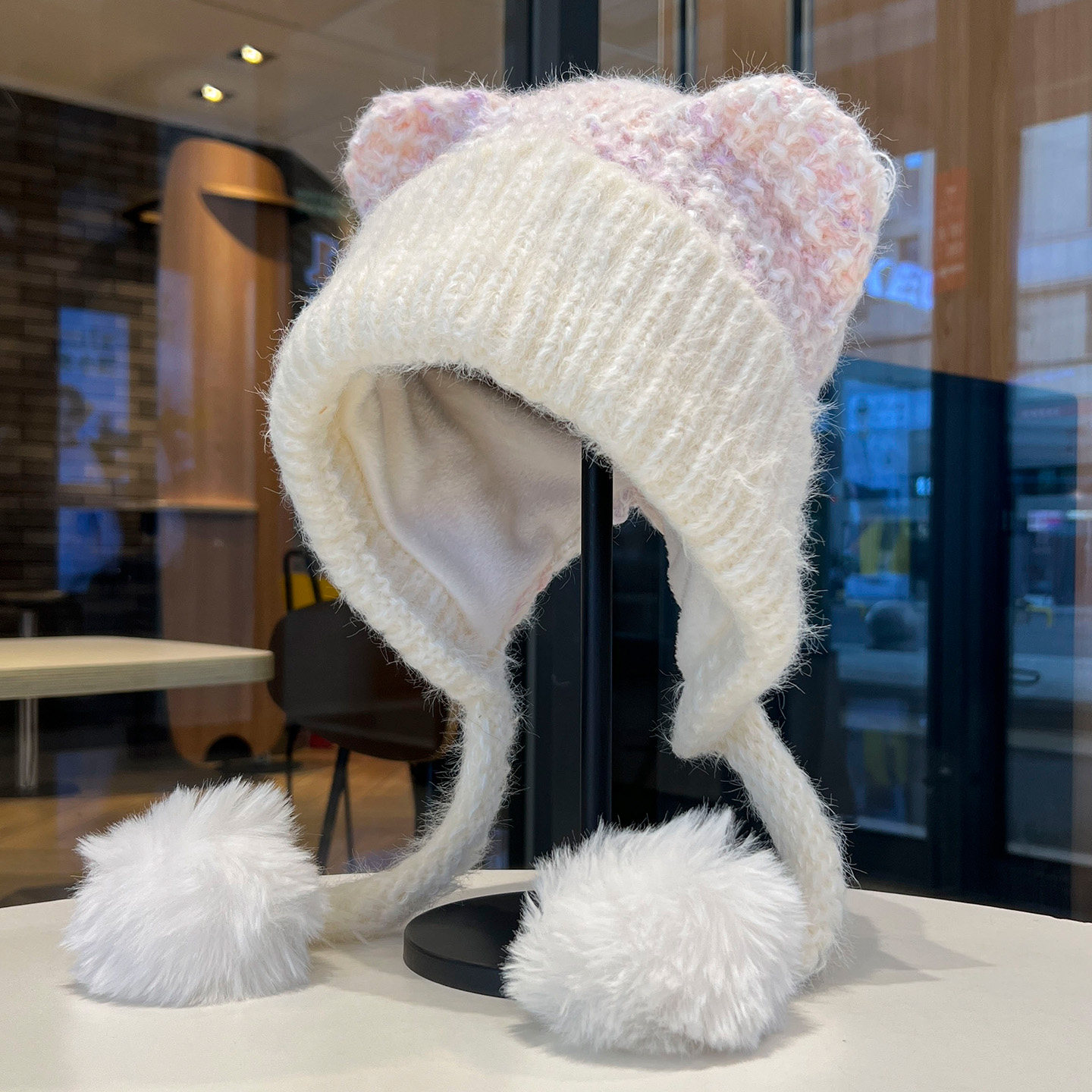 可爱软萌猫耳朵毛绒帽子女秋冬保暖日系混色针织毛线护耳帽套头帽