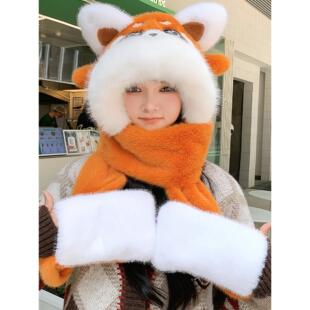 可爱小浣熊毛绒帽子围巾一体女加厚保暖防寒护耳雷锋帽围脖三件套