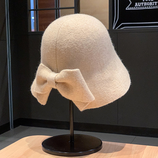 2025新款韩版蝴蝶结渔夫帽子女秋冬羊毛保暖盆帽百搭开叉可扎马尾