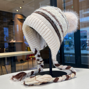 新款条纹辫子针织帽女秋冬保暖加绒防寒显脸小护耳帽大头围毛线帽