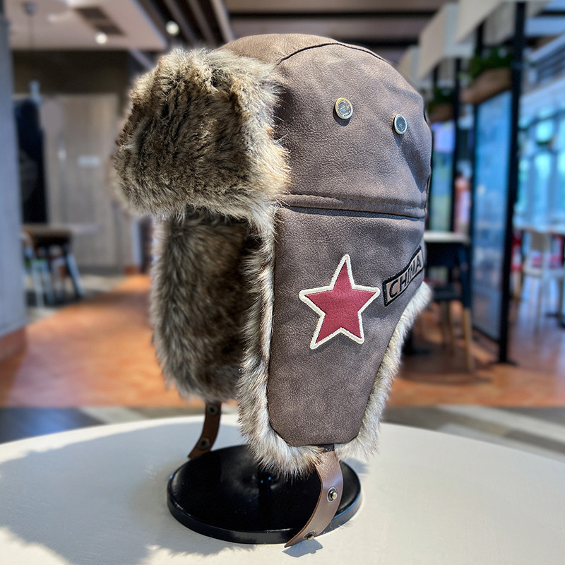 秋冬PU皮雷锋帽男女仿兔毛加厚保暖护耳帽户外防风骑行帽飞行员帽