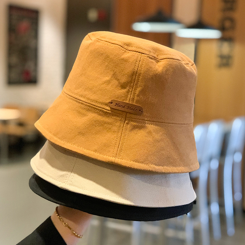 纯色全棉渔夫帽女ins潮牌贴标百搭日系水桶帽春夏休闲显脸小盆帽