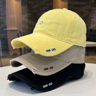 韩系笑脸小标棒球帽学生鸭舌帽简约休闲男女帽子情侣款遮阳宽帽檐