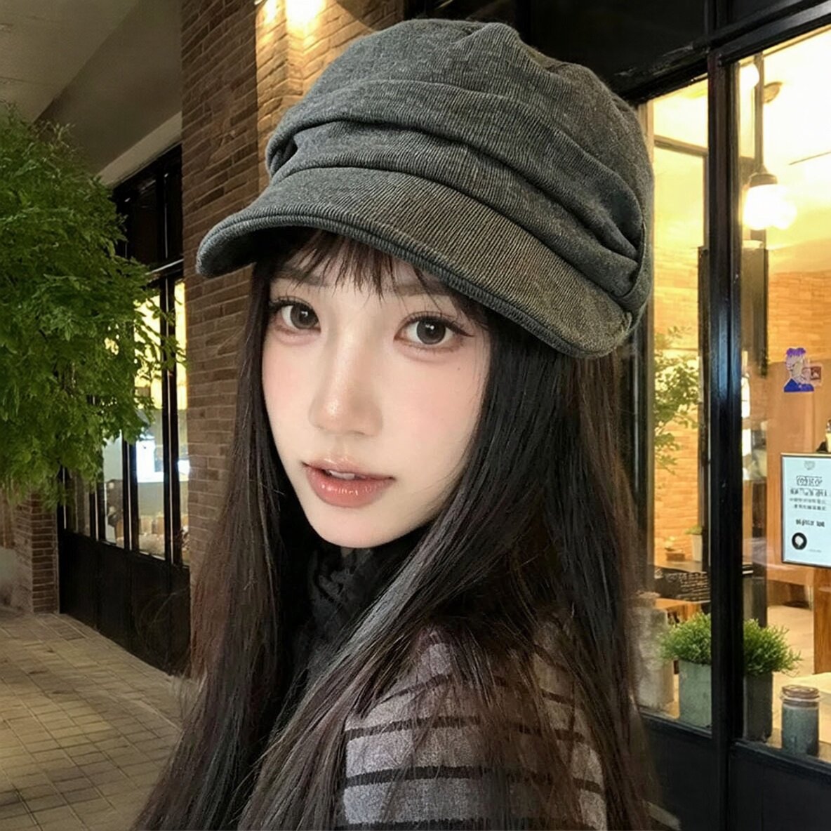 韩系复古宽檐平顶报童帽显脸小