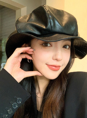 秋冬女PU皮褶皱云朵八角帽显脸小