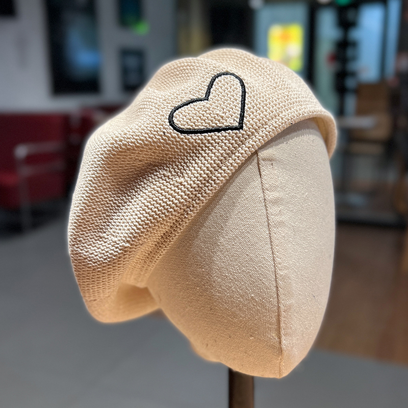 网红刺绣爱心贝雷帽女春夏季针织透气蓓蕾帽子时尚百搭显白画家帽