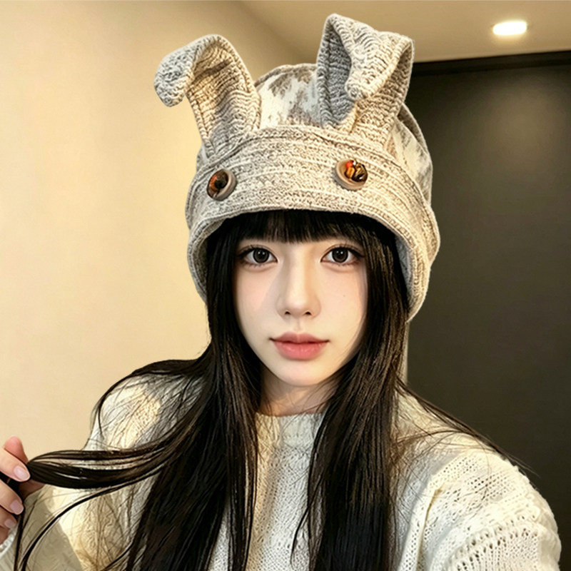 日系兔耳纽扣堆堆帽显脸小大头围