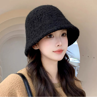 羊羔毛渔夫帽女秋冬大脸加厚保暖毛绒盆帽黑色百搭显脸小水桶帽子