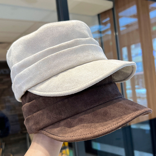秋冬日系麂皮绒马术帽时尚百搭大头围平顶贝雷帽女款2025新款帽子