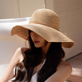 天然拉菲草帽子女夏季2025新款法式圆顶大帽檐遮阳防晒海边沙滩帽