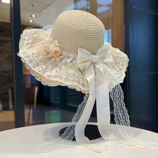 法式蕾丝蝴蝶结草帽女田园风花朵遮阳防晒帽子夏季度假海边沙滩帽