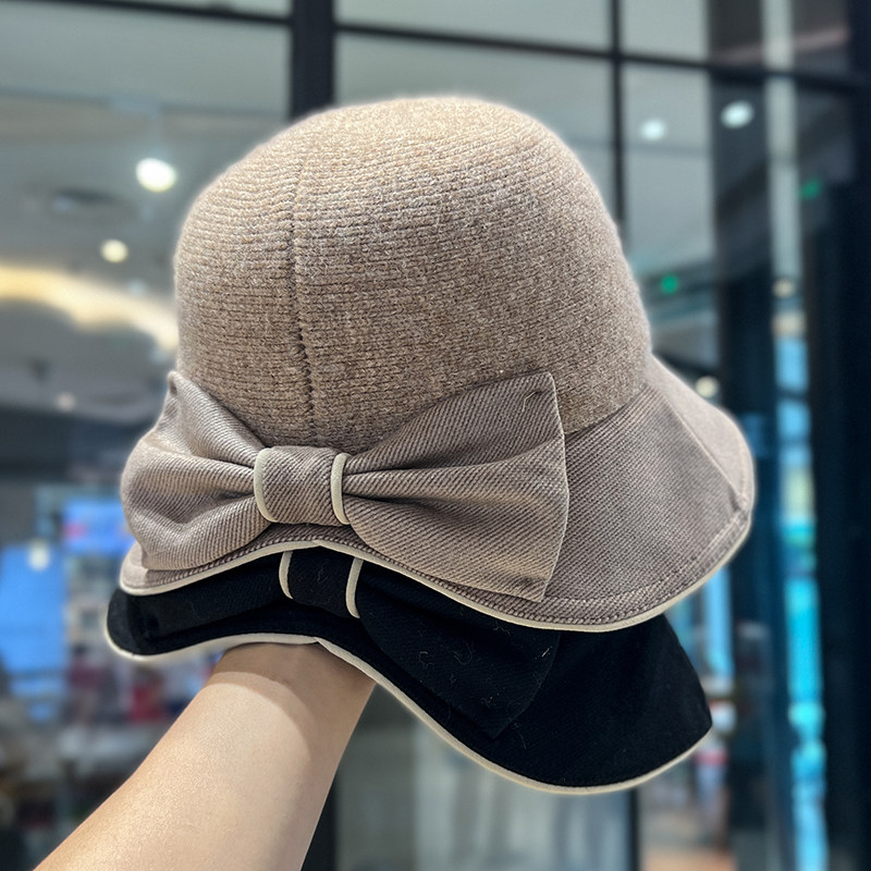 2025新款韩版蝴蝶结渔夫帽秋冬季羊毛保暖盆帽复古百搭后开叉礼帽