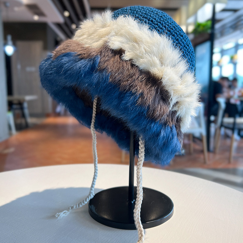 兔毛针织帽女秋冬季加厚保暖毛绒包头帽子韩版甜美拼色护耳毛线帽