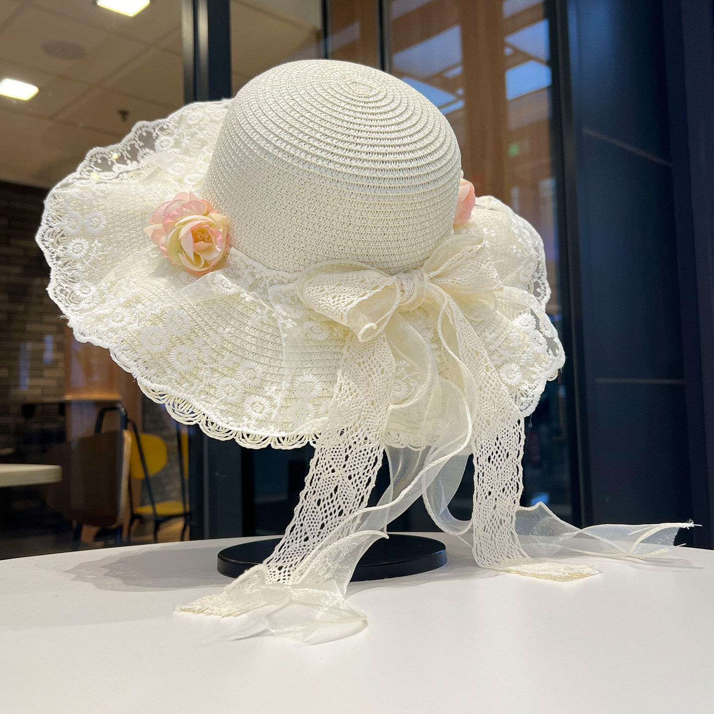 手工洛丽塔蕾丝花朵草编帽女夏季户外防晒遮阳大帽檐海报度假草帽