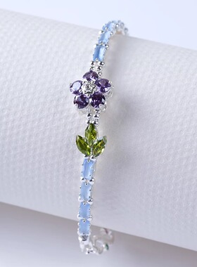 阅微雅记海蓝宝色猫眼手链紫色小花设计师手串手链