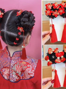 新年红色花朵蝴蝶结假发丸子头发圈儿童宝宝可爱古风汉服女孩发饰
