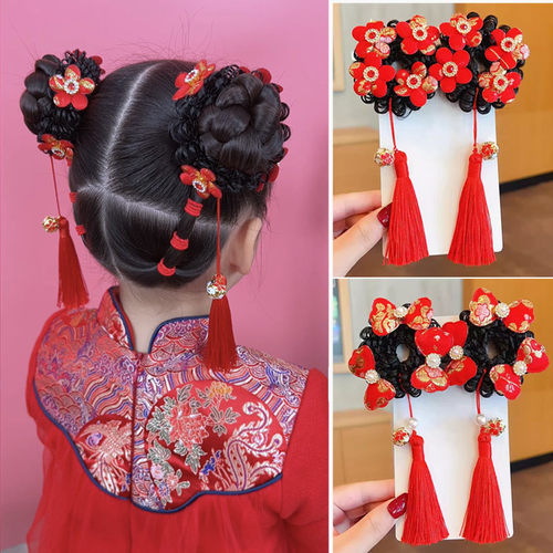 新年红色花朵蝴蝶结假发丸子头发圈儿童宝宝可爱古风汉服女孩发饰