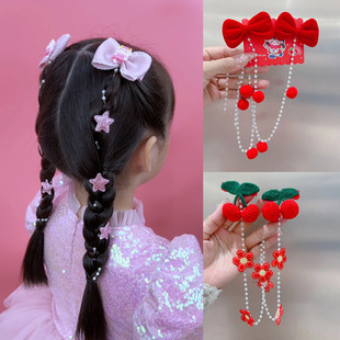 粉色儿童蝴蝶结樱桃星星编发发链发带女孩春节过年发卡头饰发饰