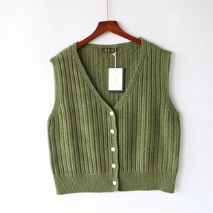 极简风V领针织开衫马甲女绿色无袖外搭叠穿显瘦背心上衣