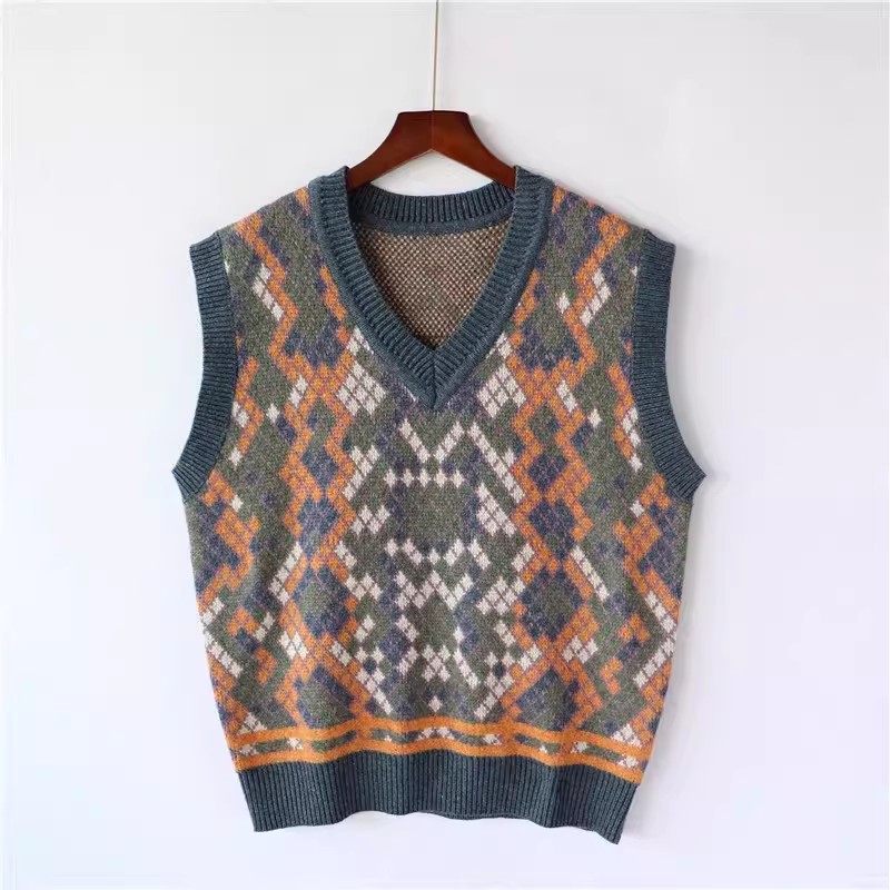 复古几何风V领针织马甲女菱格提花百搭毛衣背心,女装/女士精品,毛针织衫,淘宝优惠券,粉丝福利购,淘宝优惠卷