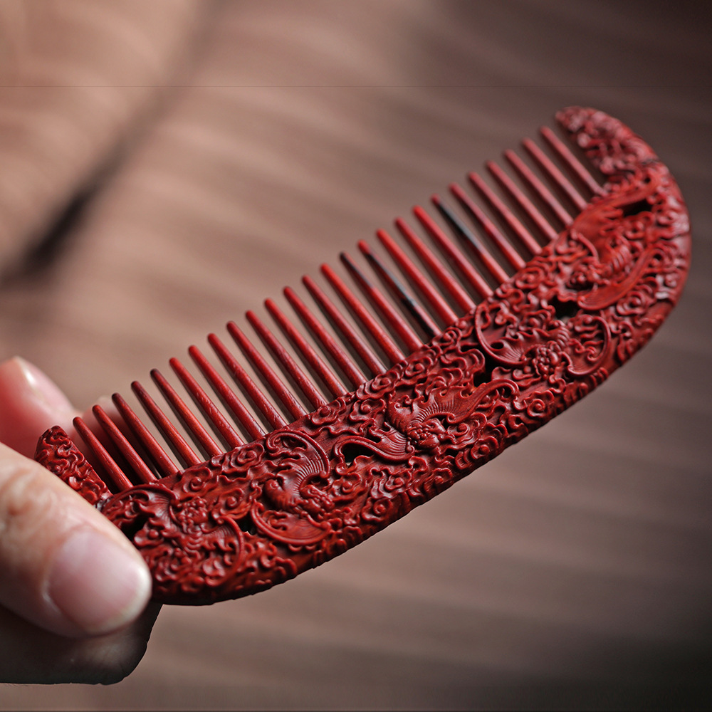印度小叶紫檀五福木梳精雕手工艺木梳防静电木质梳子送生日礼物