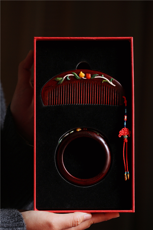 印度小叶紫檀百宝嵌蟠桃手镯木梳子套装送情人节生日送礼文玩收藏