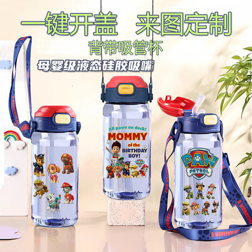汪汪队立大功背带吸管水杯卡通儿童学生幼儿园上学用夏季塑料水壶