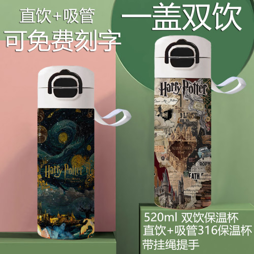 哈利波特吸管直双饮保温杯学生上学男女儿童可爱礼物大容量饮水壶