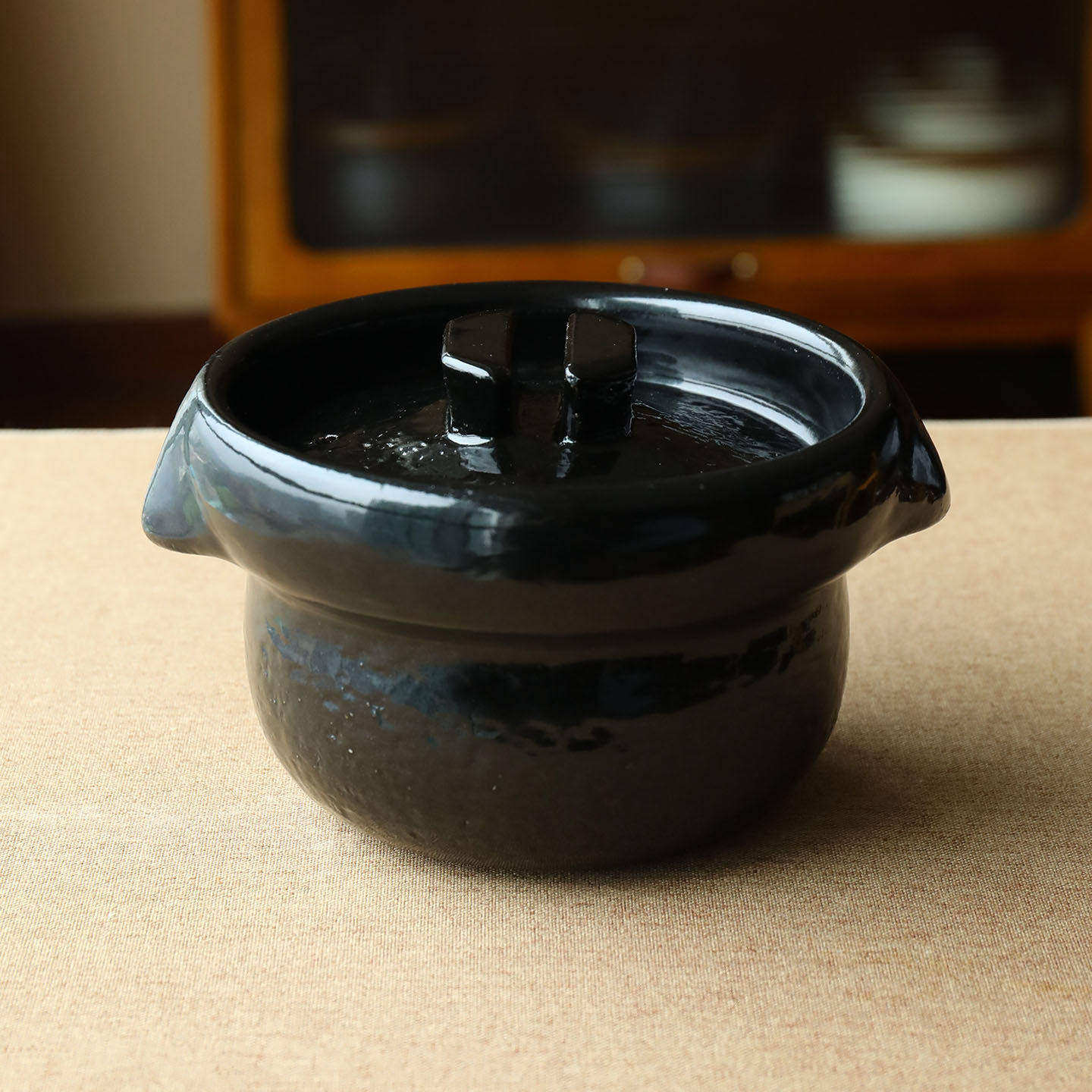 小葵川町屋日本原装进口信乐烧云井窑满釉黑乐二合米饭锅陶土砂锅
