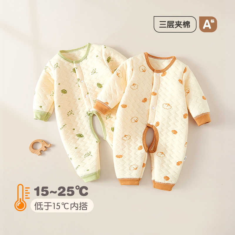 婴儿夹棉连体衣秋冬男女宝宝加厚哈衣爬爬服婴幼儿开档保暖睡衣服
