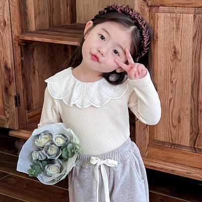 女童娃娃领打底衫公主春秋t小童内搭上衣洋气女童T恤翻领蕾丝秋装