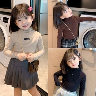 T恤 儿童洋气秋冬中小童磨毛保暖宝宝长袖 女童高领打底衫 2024新款