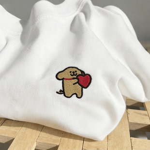 夏季 T恤卡通情侣装 宽松上衣通用 爱心线条小狗棕头像刺绣短袖 禧衫