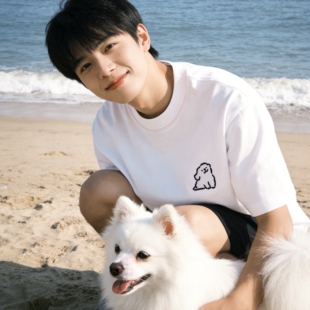 禧衫白色线条小狗可爱狗狗刺绣短袖T恤夏日可爱风男女同款情侣装